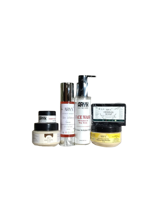 ALL IN ONE SKIN CARE COMBO (ANY SOAP 100GM + MULTANI MITTI POWDER 100GM + SKIN WHITENING SERUM 100ML + FACEPACK 100GM + FACEWASH 120ML + NIGHT CREAM 20GM)