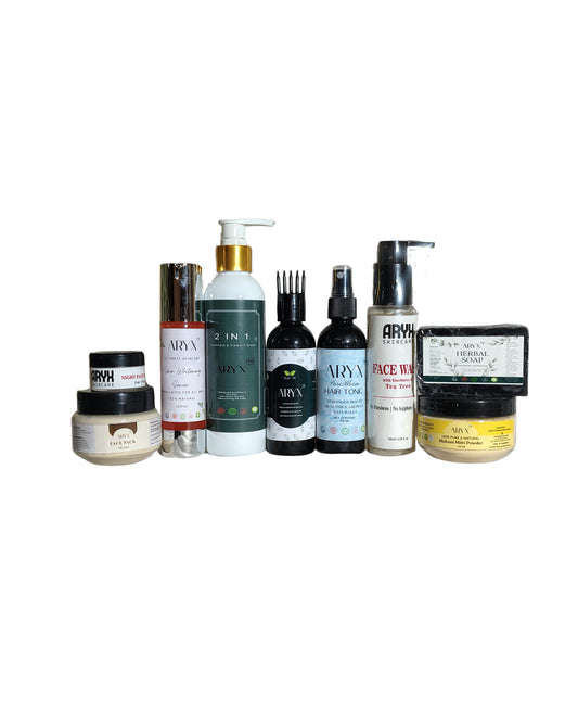 ALL IN ONE COMBO (ANY SOAP 100GM + MULTANI MITTI POWDER 100GM + SKIN WHITENING SERUM 100ML + FACEPACK 100GM + FACEWASH 120ML + NIGHT CREAM 20GM + SHAMPOO WITH CONDITIONER 200ML + HAIROIL 100ML + HAIR TONIC 100ML)